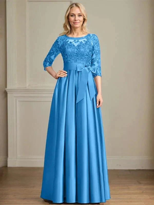 A-line Scoop Illusion Floor-Length Satin Lace Mother of the Bride Dress With Sequins Bow - Image 27