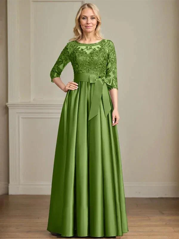 A-line Scoop Illusion Floor-Length Satin Lace Mother of the Bride Dress With Sequins Bow - Image 28