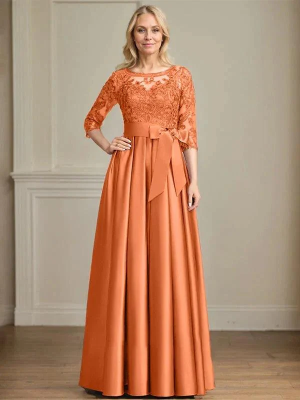 A-line Scoop Illusion Floor-Length Satin Lace Mother of the Bride Dress With Sequins Bow - Image 29