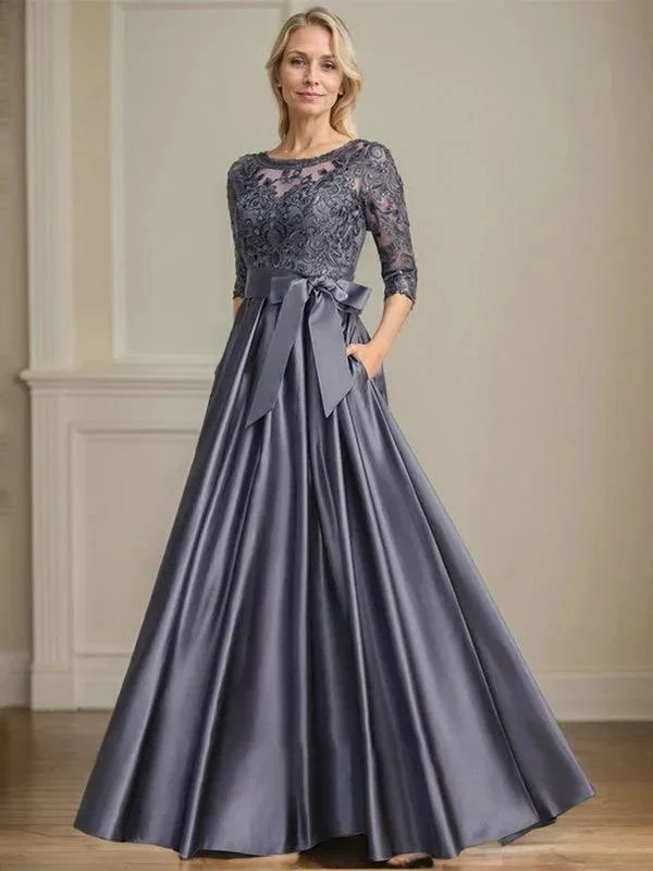 A-line Scoop Illusion Floor-Length Satin Lace Mother of the Bride Dress With Sequins Bow - Image 3