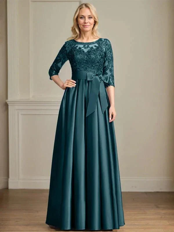 A-line Scoop Illusion Floor-Length Satin Lace Mother of the Bride Dress With Sequins Bow - Image 30