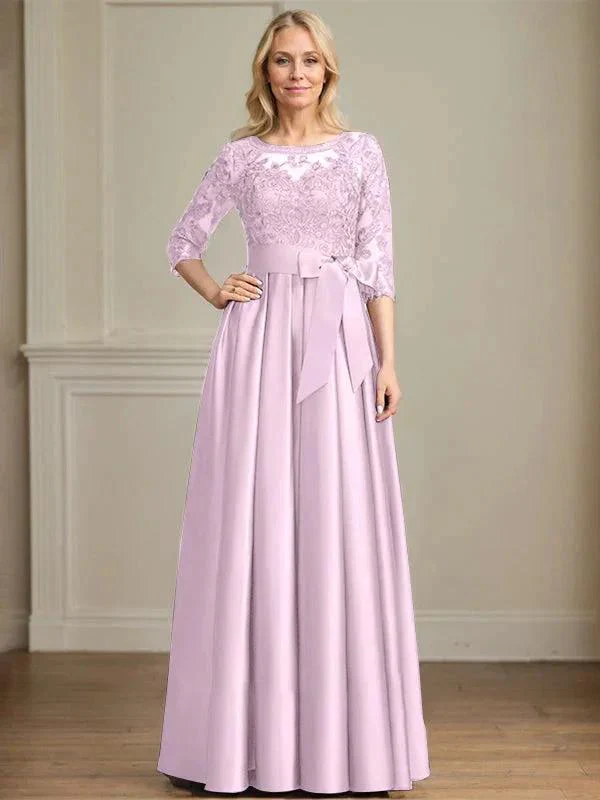 A-line Scoop Illusion Floor-Length Satin Lace Mother of the Bride Dress With Sequins Bow - Image 31