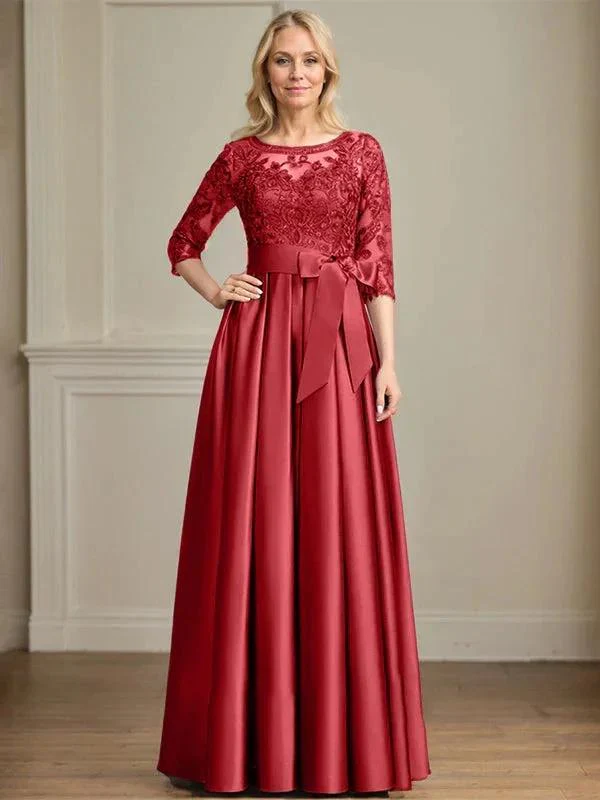 A-line Scoop Illusion Floor-Length Satin Lace Mother of the Bride Dress With Sequins Bow - Image 32