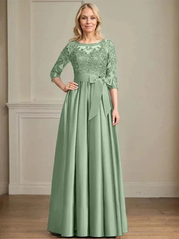 A-line Scoop Illusion Floor-Length Satin Lace Mother of the Bride Dress With Sequins Bow - Image 34