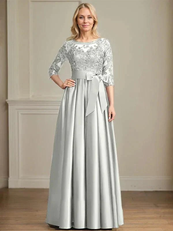 A-line Scoop Illusion Floor-Length Satin Lace Mother of the Bride Dress With Sequins Bow - Image 35