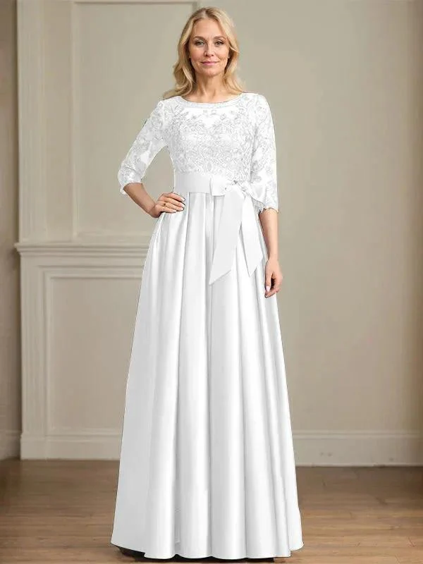 A-line Scoop Illusion Floor-Length Satin Lace Mother of the Bride Dress With Sequins Bow - Image 36