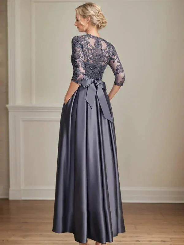 A-line Scoop Illusion Floor-Length Satin Lace Mother of the Bride Dress With Sequins Bow - Image 4