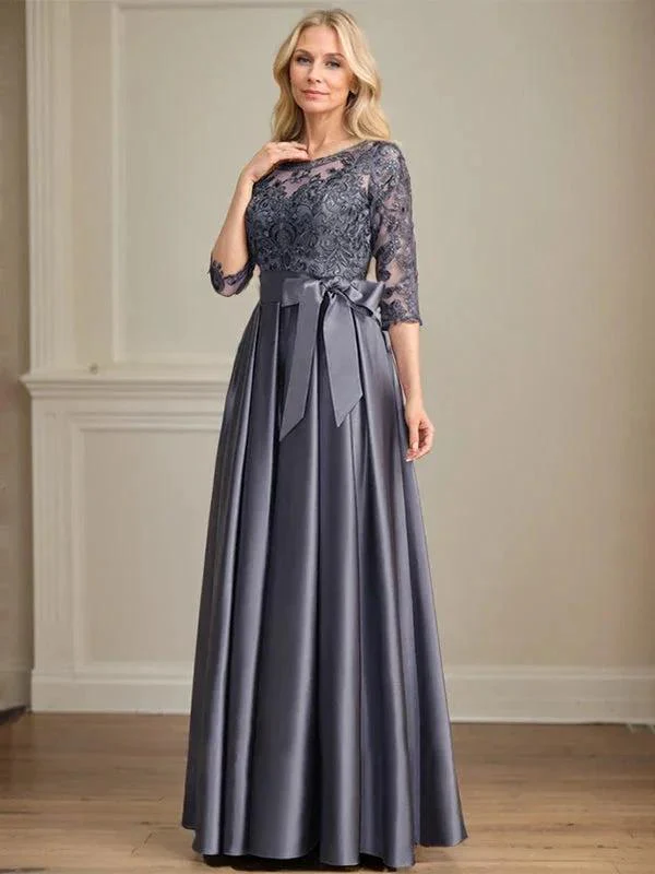 A-line Scoop Illusion Floor-Length Satin Lace Mother of the Bride Dress With Sequins Bow - Image 5