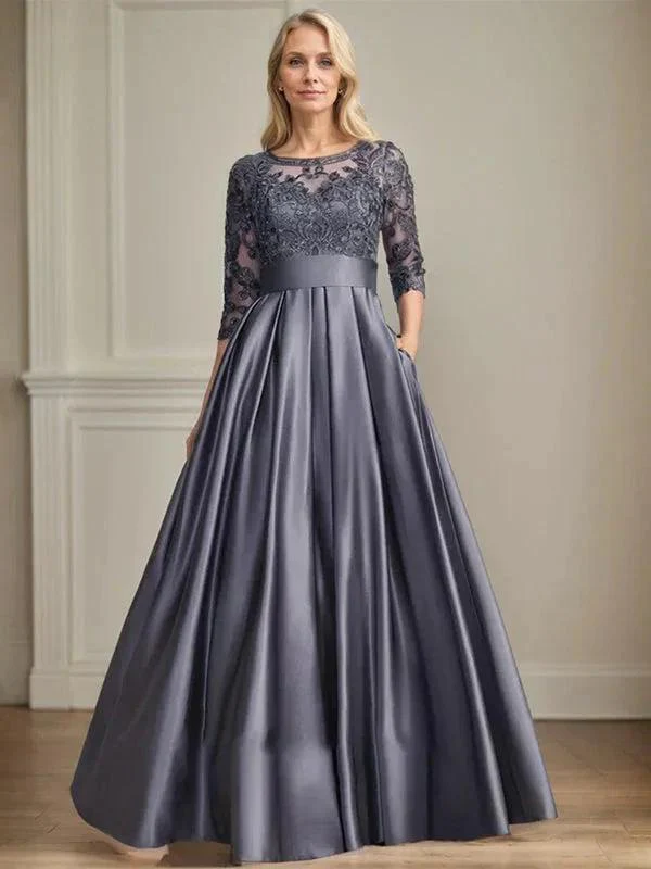 A-line Scoop Illusion Floor-Length Satin Lace Mother of the Bride Dress With Sequins Bow - Image 6