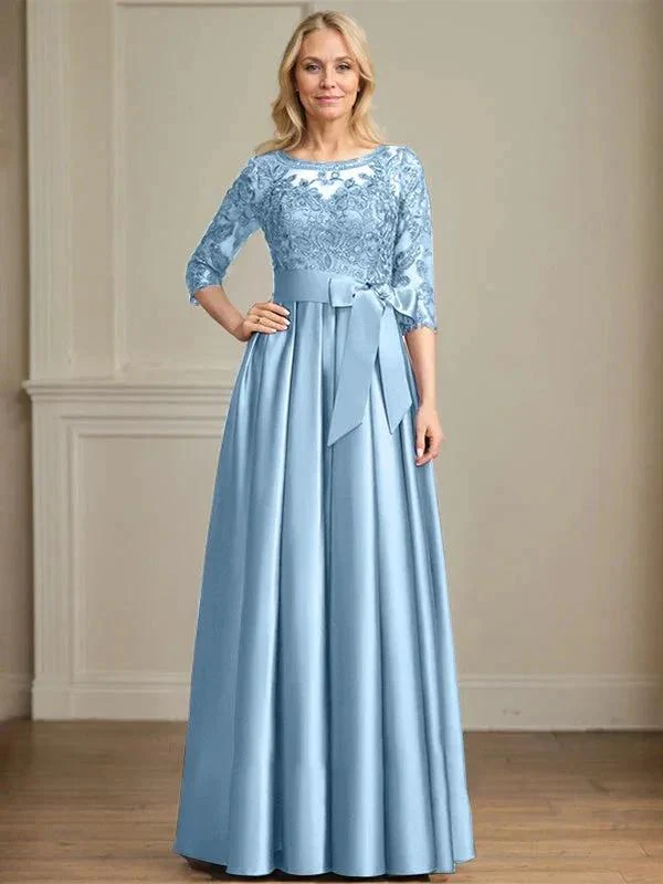 A-line Scoop Illusion Floor-Length Satin Lace Mother of the Bride Dress With Sequins Bow - Image 8