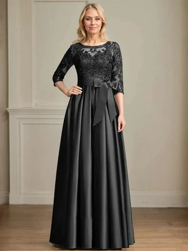 A-line Scoop Illusion Floor-Length Satin Lace Mother of the Bride Dress With Sequins Bow - Image 9