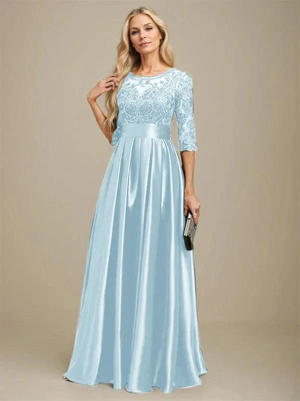 A-line Scoop Illusion Floor-Length Stretch Satin Lace Mother of the Bride Dress With Bow Sequins - Image 11