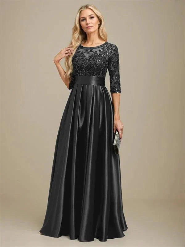 A-line Scoop Illusion Floor-Length Stretch Satin Lace Mother of the Bride Dress With Bow Sequins - Image 12