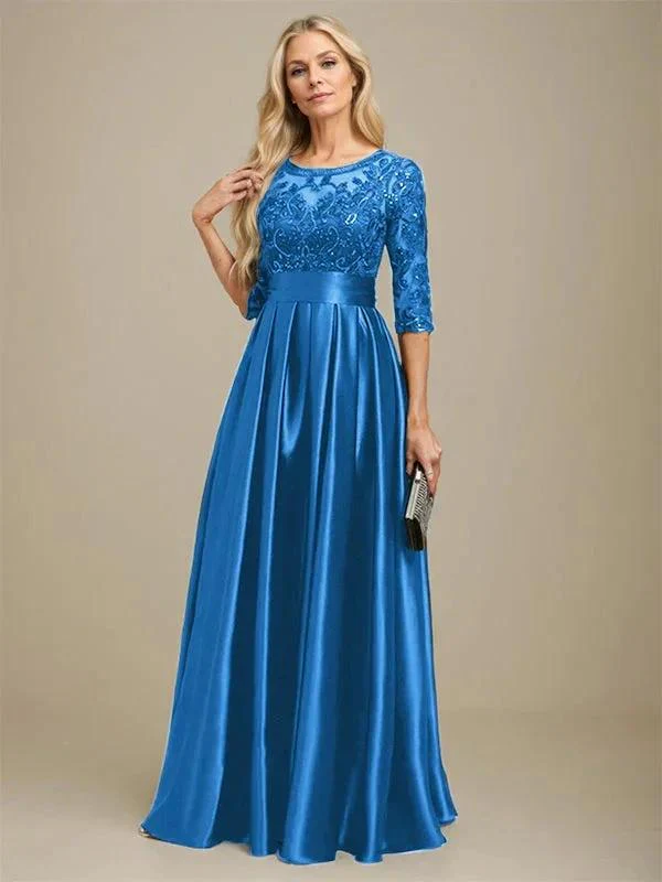 A-line Scoop Illusion Floor-Length Stretch Satin Lace Mother of the Bride Dress With Bow Sequins - Image 13