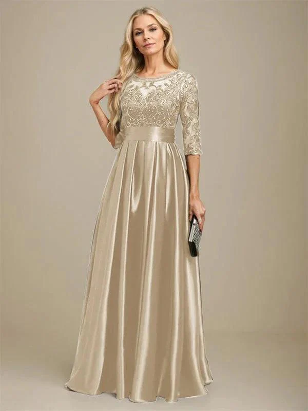 A-line Scoop Illusion Floor-Length Stretch Satin Lace Mother of the Bride Dress With Bow Sequins - Image 15