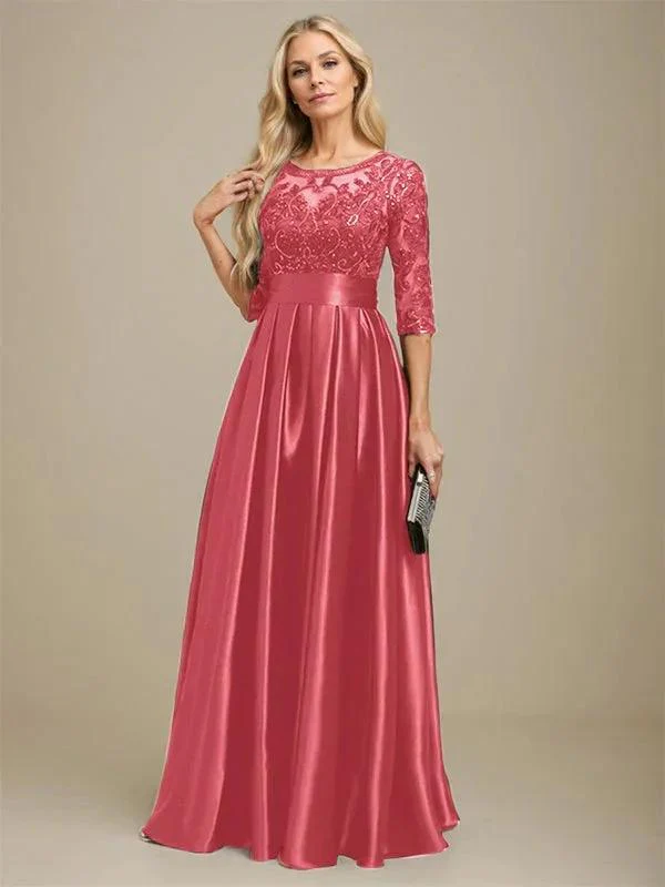 A-line Scoop Illusion Floor-Length Stretch Satin Lace Mother of the Bride Dress With Bow Sequins - Image 16