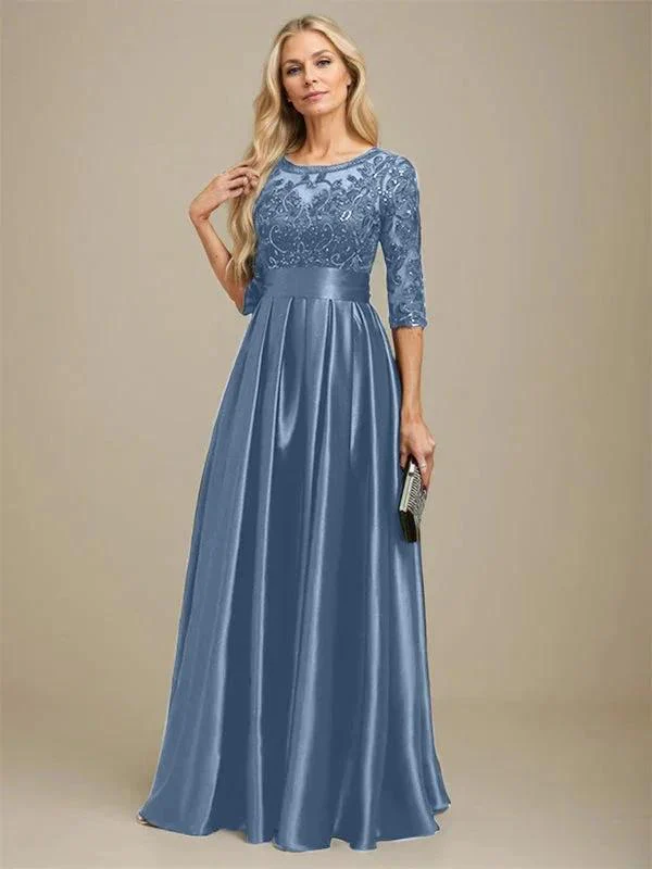 A-line Scoop Illusion Floor-Length Stretch Satin Lace Mother of the Bride Dress With Bow Sequins - Image 17