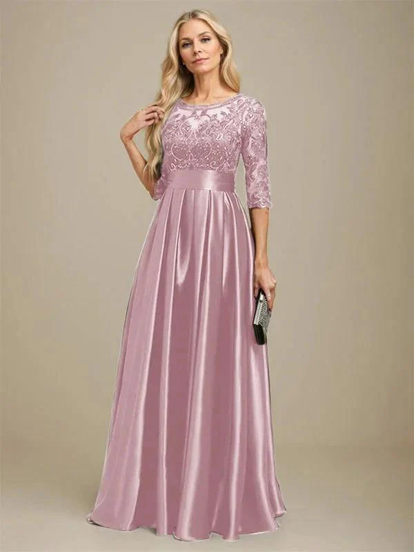 A-line Scoop Illusion Floor-Length Stretch Satin Lace Mother of the Bride Dress With Bow Sequins - Image 18