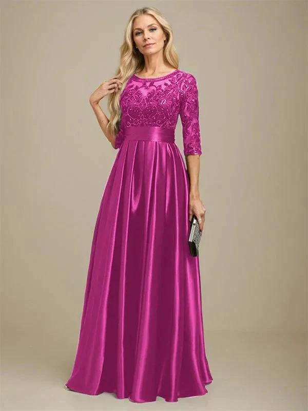 A-line Scoop Illusion Floor-Length Stretch Satin Lace Mother of the Bride Dress With Bow Sequins - Image 19