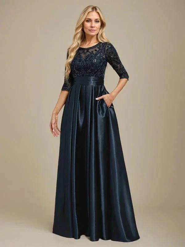 A-line Scoop Illusion Floor-Length Stretch Satin Lace Mother of the Bride Dress With Bow Sequins - Image 2