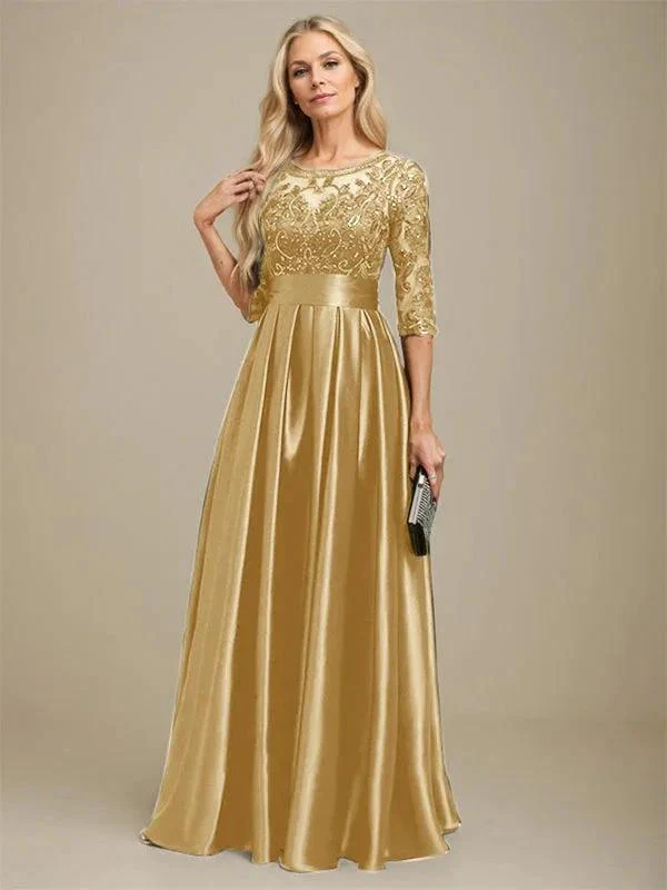A-line Scoop Illusion Floor-Length Stretch Satin Lace Mother of the Bride Dress With Bow Sequins - Image 20
