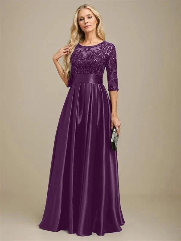 A-line Scoop Illusion Floor-Length Stretch Satin Lace Mother of the Bride Dress With Bow Sequins - Image 21