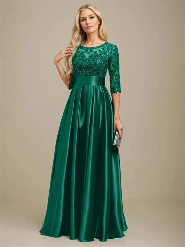 A-line Scoop Illusion Floor-Length Stretch Satin Lace Mother of the Bride Dress With Bow Sequins - Image 22