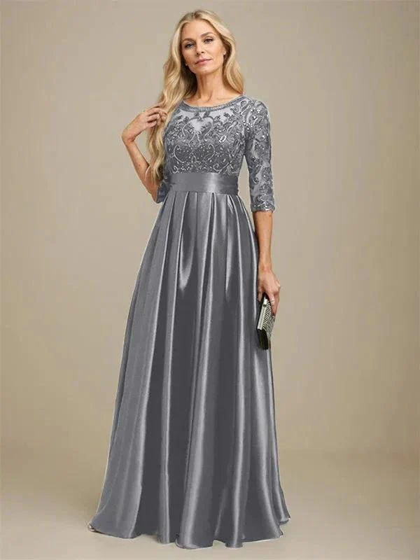 A-line Scoop Illusion Floor-Length Stretch Satin Lace Mother of the Bride Dress With Bow Sequins - Image 23