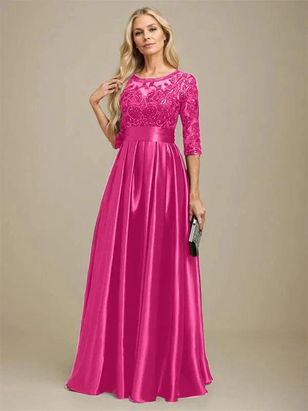 A-line Scoop Illusion Floor-Length Stretch Satin Lace Mother of the Bride Dress With Bow Sequins - Image 24
