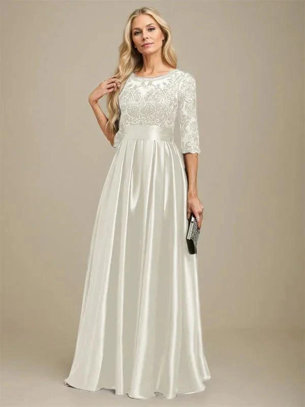 A-line Scoop Illusion Floor-Length Stretch Satin Lace Mother of the Bride Dress With Bow Sequins - Image 25