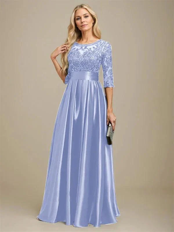A-line Scoop Illusion Floor-Length Stretch Satin Lace Mother of the Bride Dress With Bow Sequins - Image 26