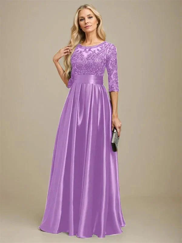 A-line Scoop Illusion Floor-Length Stretch Satin Lace Mother of the Bride Dress With Bow Sequins - Image 27