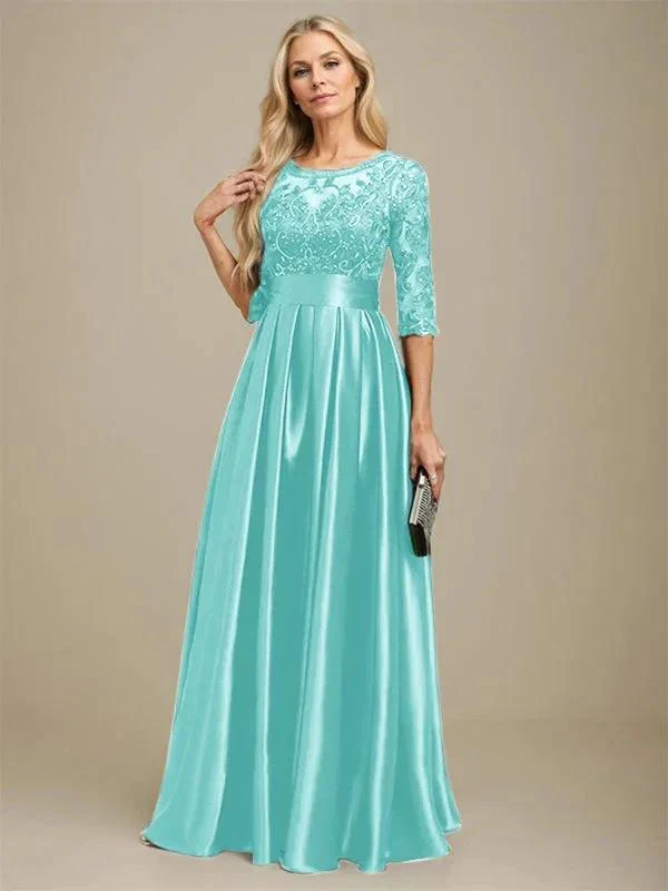 A-line Scoop Illusion Floor-Length Stretch Satin Lace Mother of the Bride Dress With Bow Sequins - Image 28