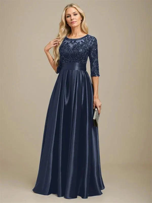 A-line Scoop Illusion Floor-Length Stretch Satin Lace Mother of the Bride Dress With Bow Sequins - Image 29