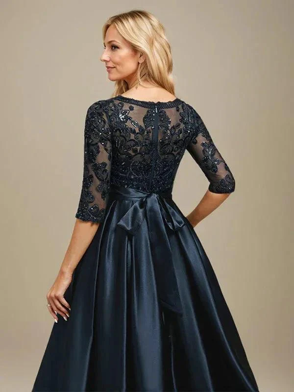 A-line Scoop Illusion Floor-Length Stretch Satin Lace Mother of the Bride Dress With Bow Sequins - Image 3