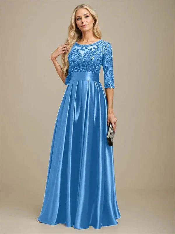 A-line Scoop Illusion Floor-Length Stretch Satin Lace Mother of the Bride Dress With Bow Sequins - Image 30
