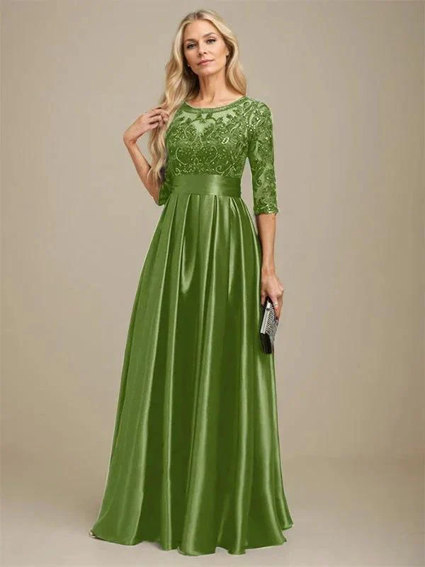 A-line Scoop Illusion Floor-Length Stretch Satin Lace Mother of the Bride Dress With Bow Sequins - Image 31