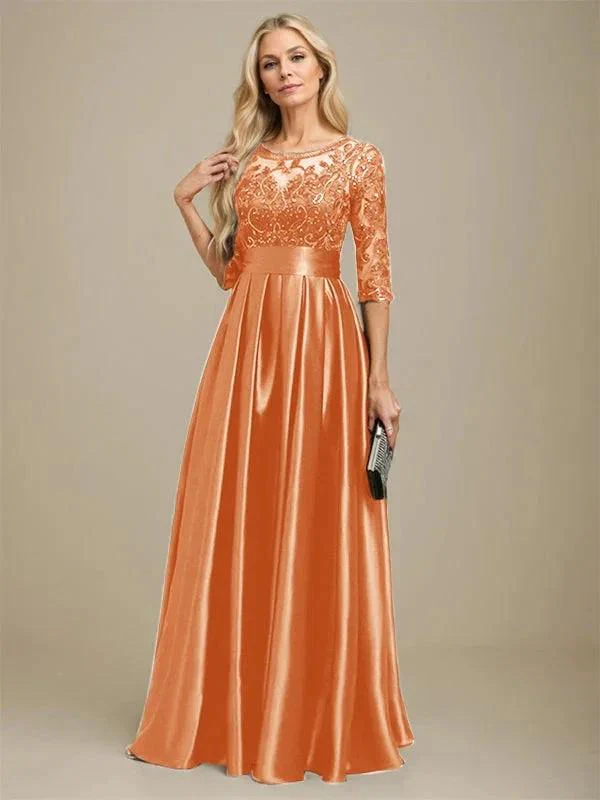 A-line Scoop Illusion Floor-Length Stretch Satin Lace Mother of the Bride Dress With Bow Sequins - Image 32