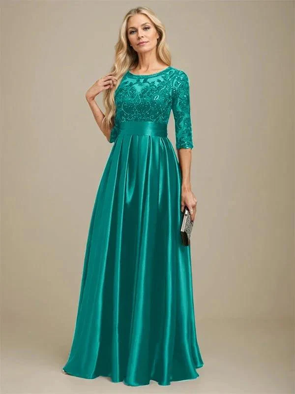 A-line Scoop Illusion Floor-Length Stretch Satin Lace Mother of the Bride Dress With Bow Sequins - Image 34