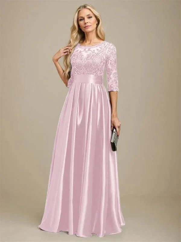 A-line Scoop Illusion Floor-Length Stretch Satin Lace Mother of the Bride Dress With Bow Sequins - Image 35