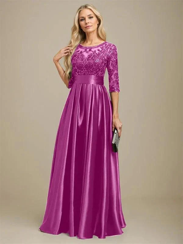 A-line Scoop Illusion Floor-Length Stretch Satin Lace Mother of the Bride Dress With Bow Sequins - Image 36