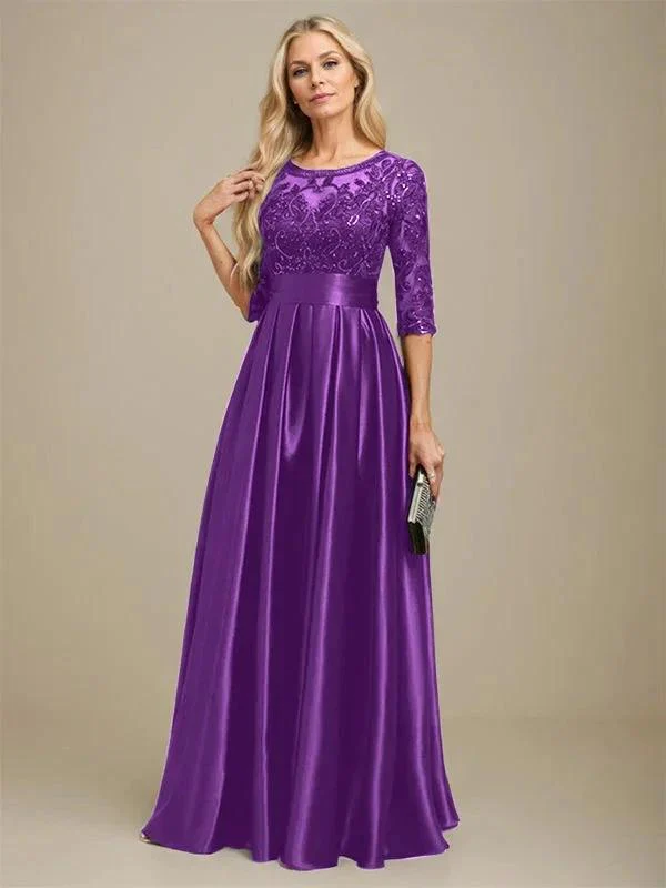 A-line Scoop Illusion Floor-Length Stretch Satin Lace Mother of the Bride Dress With Bow Sequins - Image 37