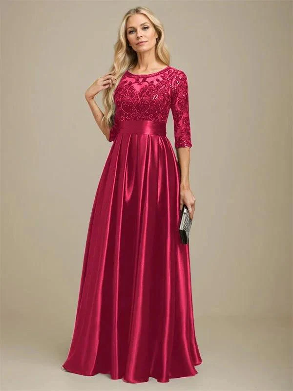 A-line Scoop Illusion Floor-Length Stretch Satin Lace Mother of the Bride Dress With Bow Sequins - Image 38