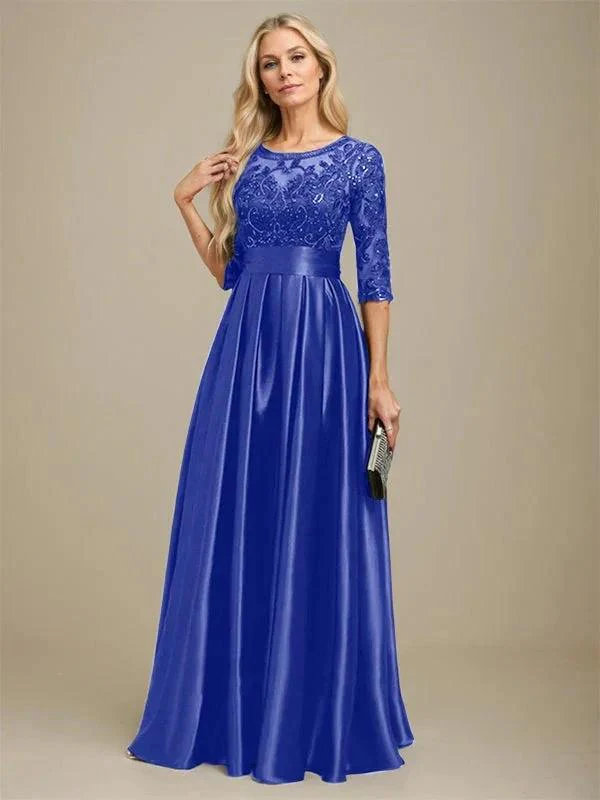 A-line Scoop Illusion Floor-Length Stretch Satin Lace Mother of the Bride Dress With Bow Sequins - Image 39