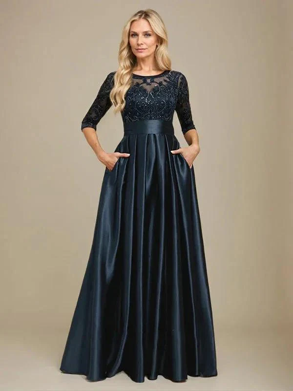 A-line Scoop Illusion Floor-Length Stretch Satin Lace Mother of the Bride Dress With Bow Sequins - Image 4