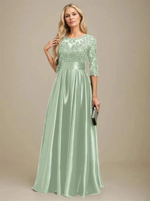 A-line Scoop Illusion Floor-Length Stretch Satin Lace Mother of the Bride Dress With Bow Sequins - Image 40