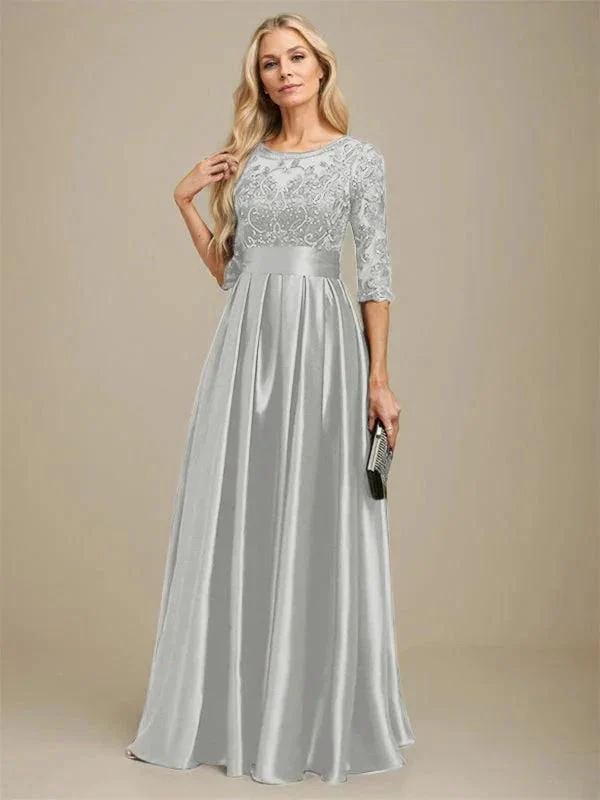 A-line Scoop Illusion Floor-Length Stretch Satin Lace Mother of the Bride Dress With Bow Sequins - Image 41