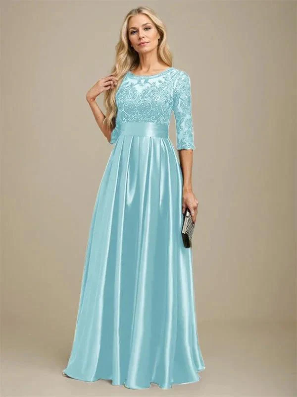 A-line Scoop Illusion Floor-Length Stretch Satin Lace Mother of the Bride Dress With Bow Sequins - Image 42