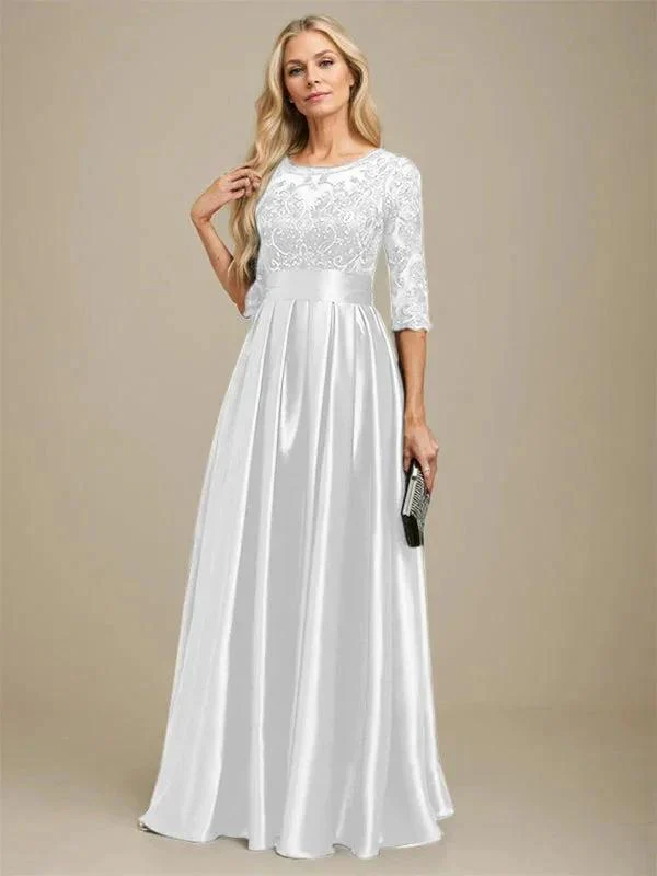 A-line Scoop Illusion Floor-Length Stretch Satin Lace Mother of the Bride Dress With Bow Sequins - Image 43