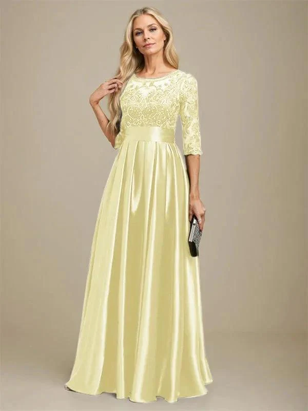A-line Scoop Illusion Floor-Length Stretch Satin Lace Mother of the Bride Dress With Bow Sequins - Image 44